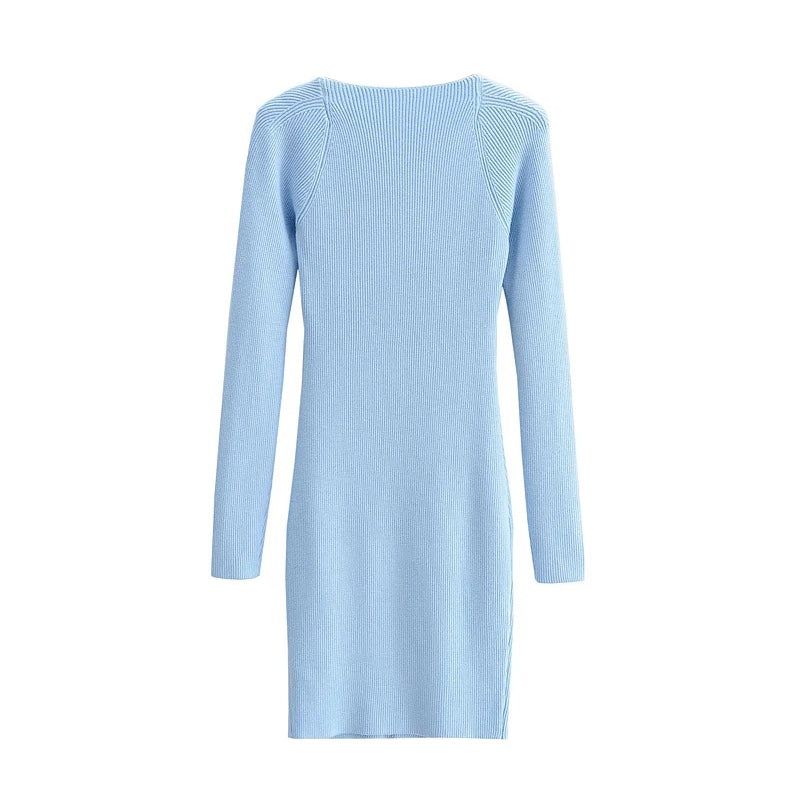 Aproms Elegant Square Neck Ribbed Knitted Dresses Women Long Sleeve High Stretch Bodycon - MERGE.DAY.1.FREESTYLE
