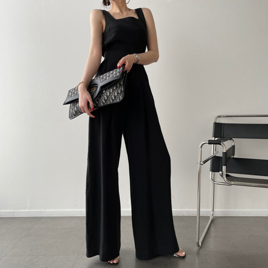 Office Ladies 2-Piece Women Square Neck Loose Vest Top + High Waist Pleated Wide Leg Pants - MERGE.DAY.1.FREESTYLE
