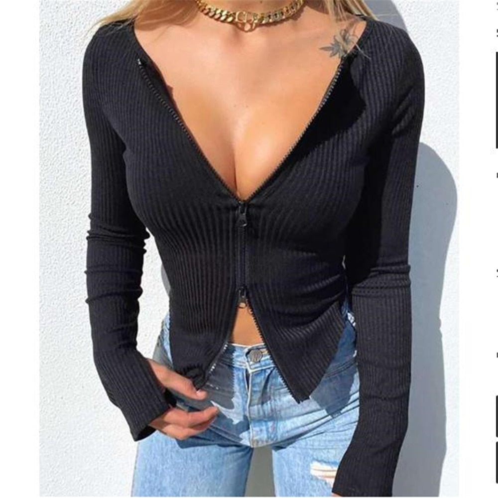 Women T-shirt Ribbed Knitted Long Sleeve Crop Tops Zipper Tee Female Slim - MERGE.DAY.1.FREESTYLE