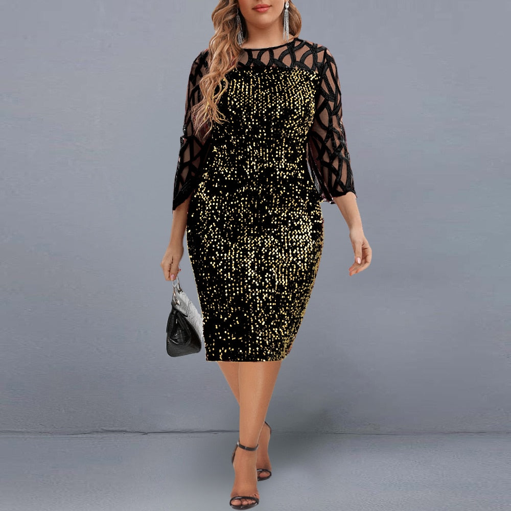 Elegant Sequin Evening Party Dresses 2022 Spring Mesh Patchwork Casual Midi Dress - MERGE.DAY.1.FREESTYLE
