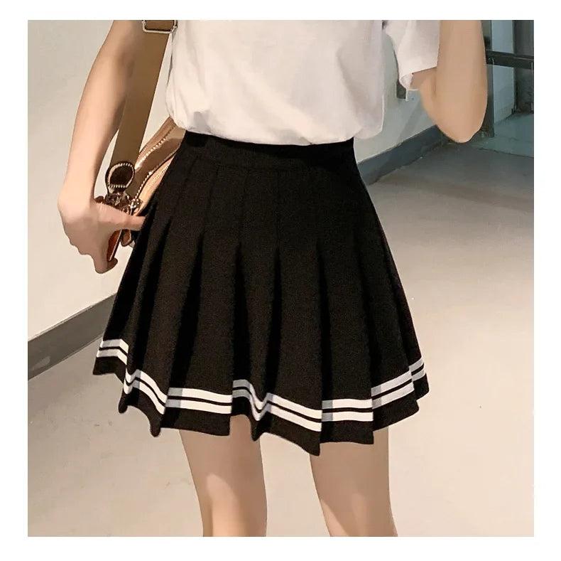 Striped Pleated Elastic Waist Female Sweet Mini Dance Plaid Skirt Y2k - MERGE.DAY.1.FREESTYLE