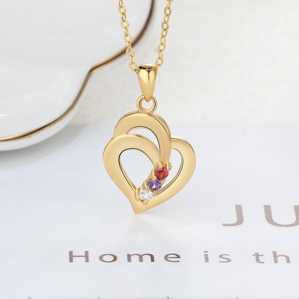 925 Sterling Silver Mothers Necklace with 3 Birthstones Romantic Name Heart Pendants - MERGE.DAY.1.FREESTYLE