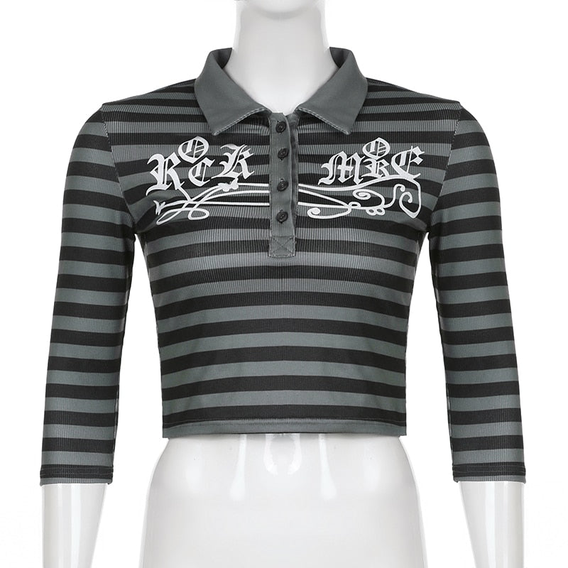 Goth Print Tops Stripe Cute T-Shirts Dark Academia Techwear Button Up V Neck Half Sleeve Sweat Shirts - MERGE.DAY.1.FREESTYLE