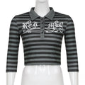 Goth Print Tops Stripe Cute T-Shirts Dark Academia Techwear Button Up V Neck Half Sleeve Sweat Shirts - MERGE.DAY.1.FREESTYLE