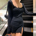 Square Neck Lace Patchwork Bodycon Black Dress Women Cotton Side Split Autumn Dress - MERGE.DAY.1.FREESTYLE