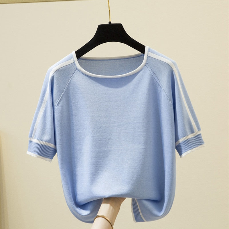 Thin Knitted T Shirt Women Short Sleeve Summer Tops Woman Clothes Striped Fashion T-Shirt - MERGE.DAY.1.FREESTYLE