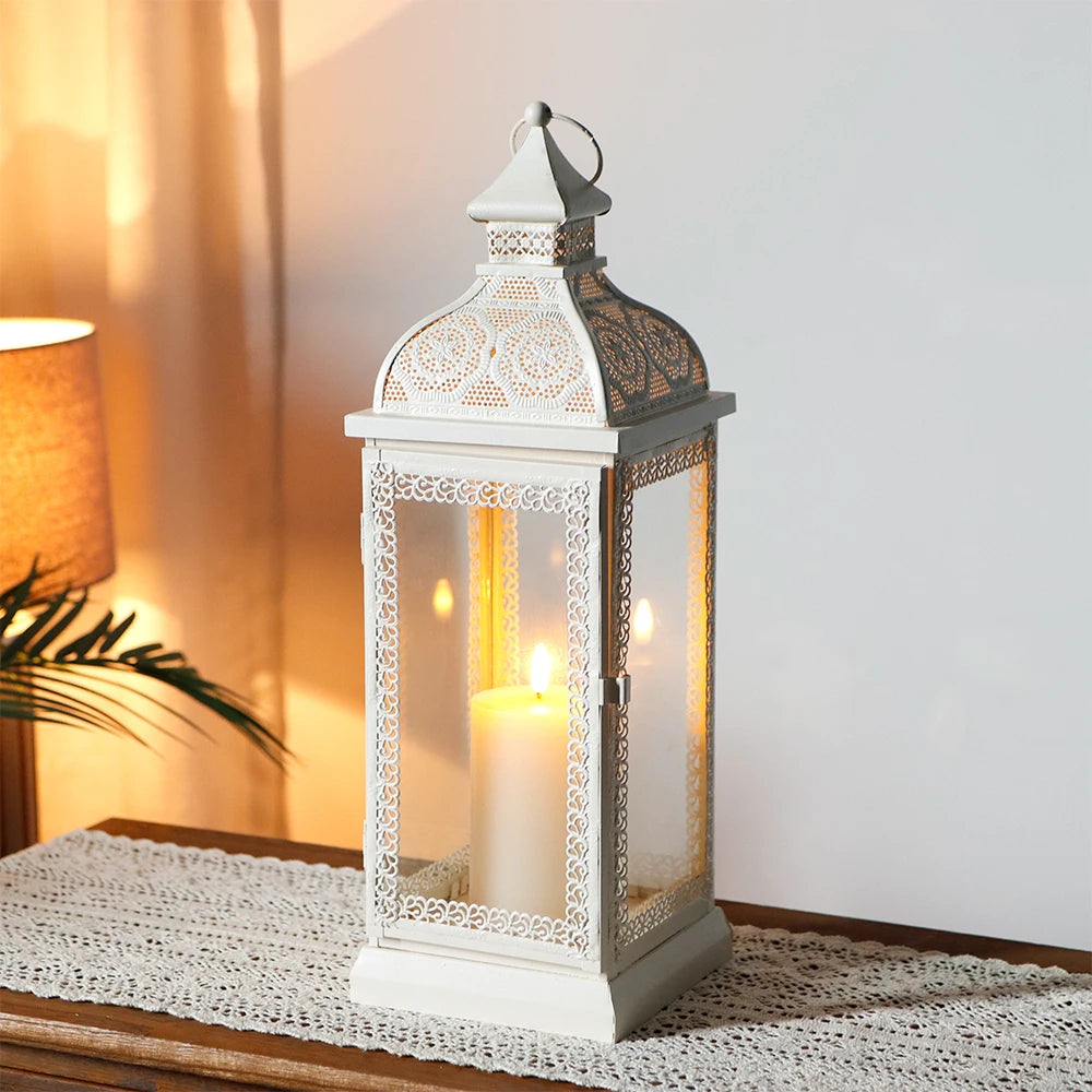 Rustic Style White Metal Candle Lantern Large Decorative Candlestick Holder with Tempered Glass for Home Decor - MERGE.DAY.1.FREESTYLE
