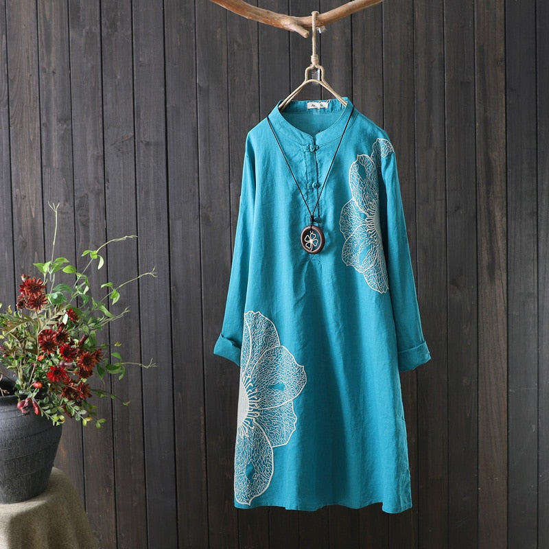 Cotton Shirt Long Sleeve Embroidery Blouse Stand Collar Loose Long Top Office Lady Casual Wear - MERGE.DAY.1.FREESTYLE