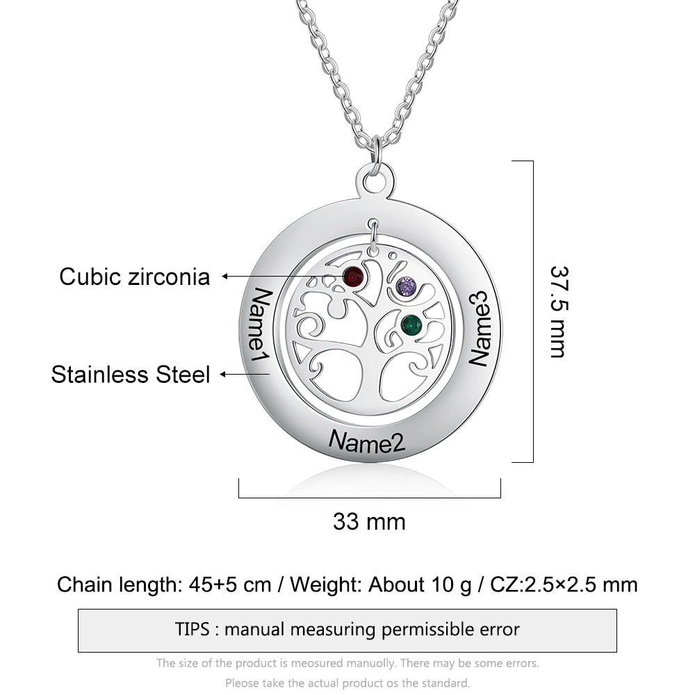 Tree of Life Name Necklace with Birthstone Name Engraved Pendant Family - MERGE.DAY.1.FREESTYLE