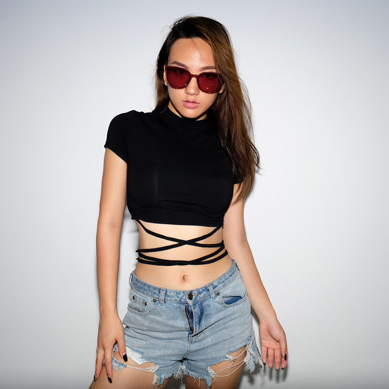 Summer Women Black Short T-Shirts Sexy Crop Tops Short Sleeve Bandage Tee Tops Female Shirts - MERGE.DAY.1.FREESTYLE