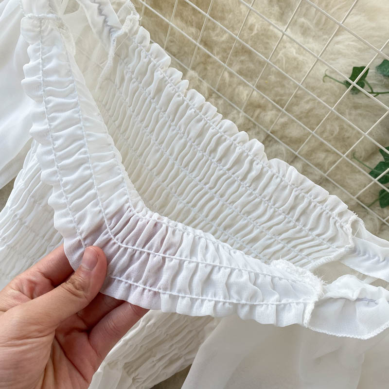 Holiday Puff Sleeve Slash Neck Off Shoulder Smocked White Chiffon Dresses - MERGE.DAY.1.FREESTYLE