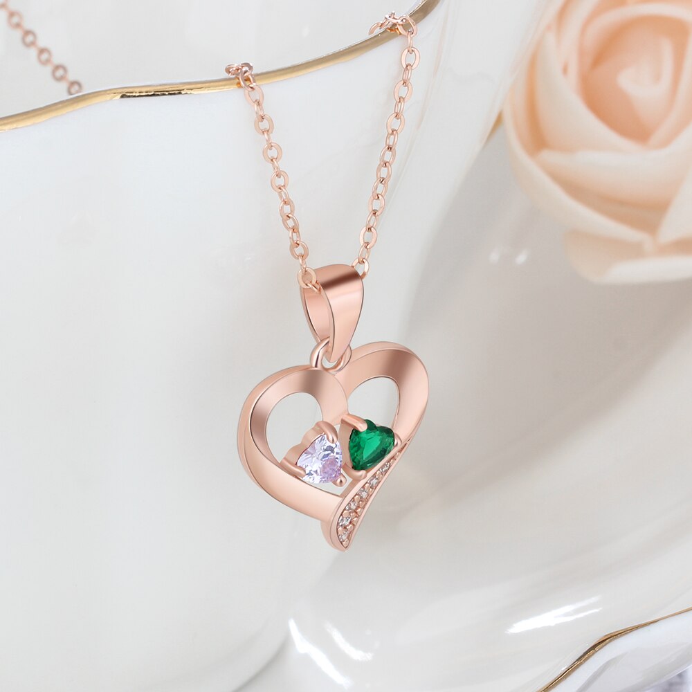 925 Sterling Silver Name Necklace with 2 Birthstones Custom Engraved Heart Pendant - MERGE.DAY.1.FREESTYLE