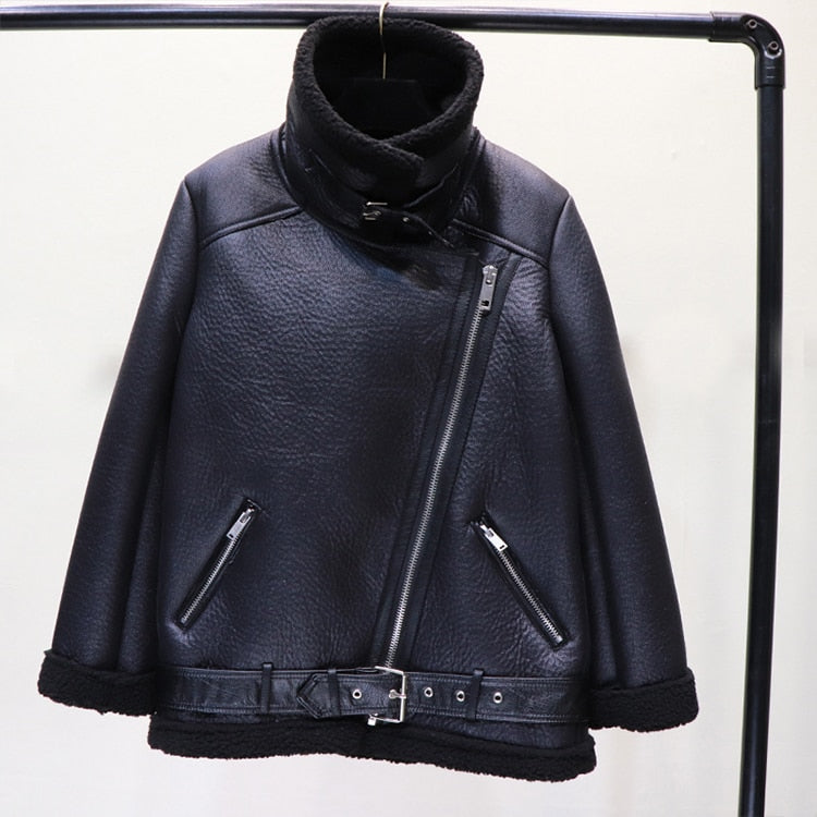 Faux Lamb Leather Jacket Pu Moto Zipper Jacket Warm Thick Outerwear - MERGE.DAY.1.FREESTYLE