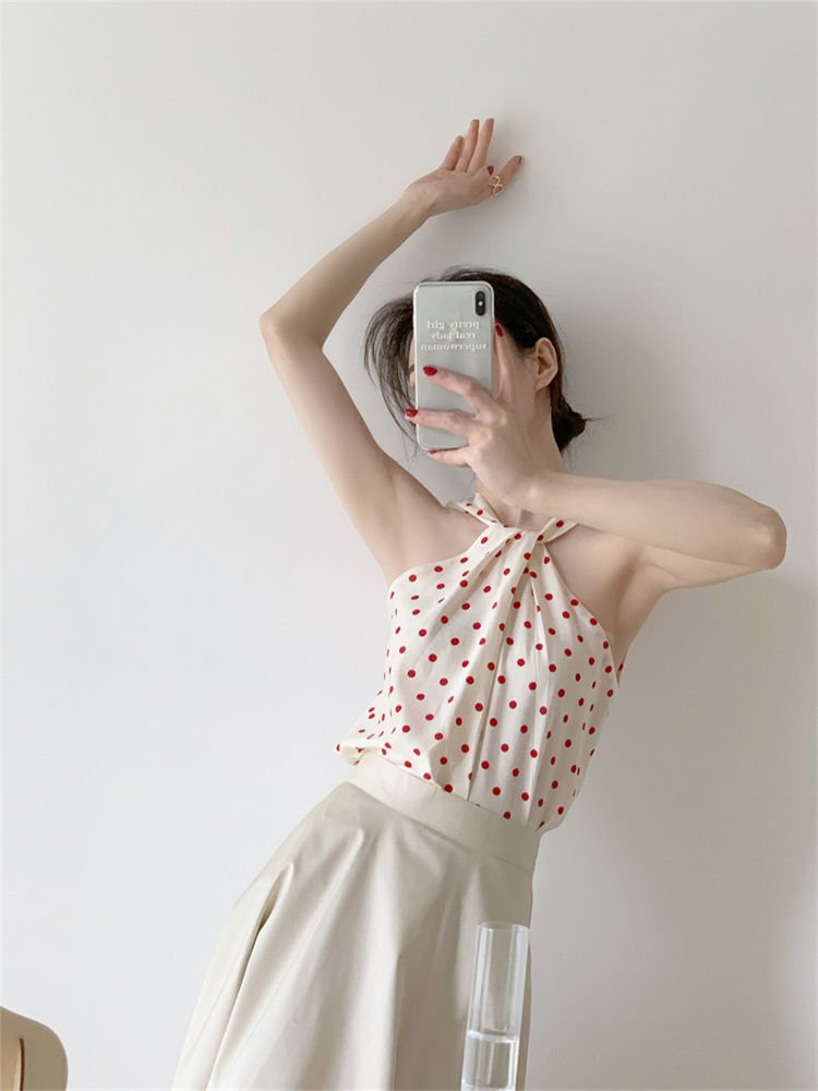 Backless Camis Women Summer Polka Dot Twist Halterneck Vest Female Casual Chiffon Tops - MERGE.DAY.1.FREESTYLE