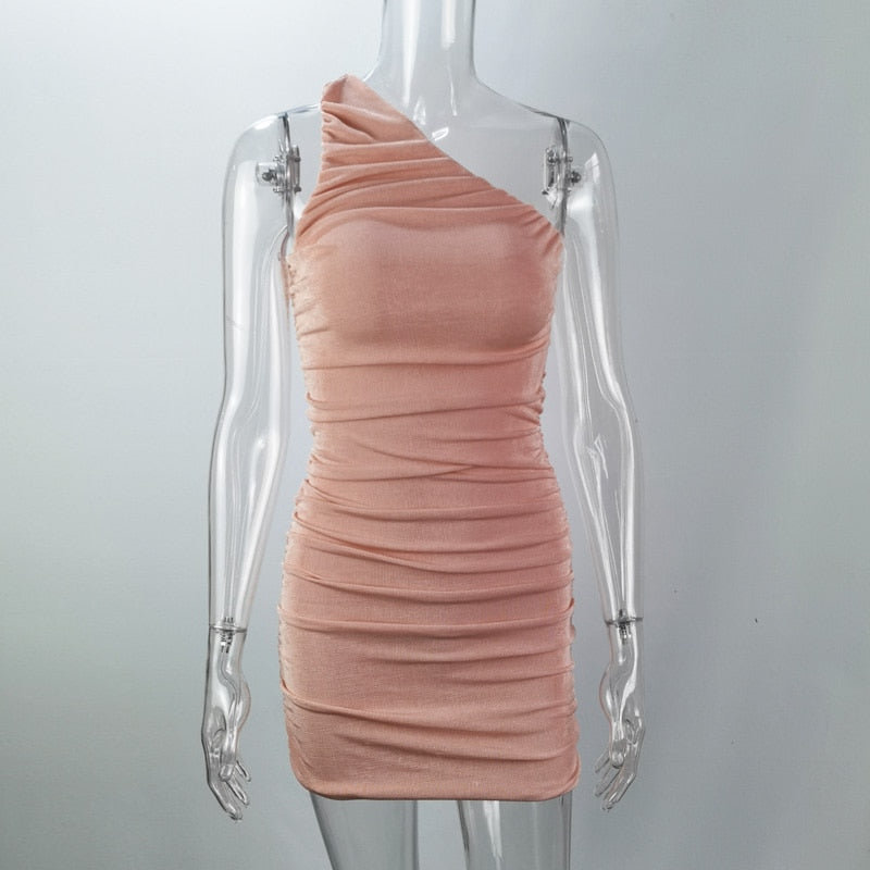 Elegant One Shoulder Party Dresses For Women Sleeveless Ruched Bodycon Dress Sexy Mini Summer Dress - MERGE.DAY.1.FREESTYLE