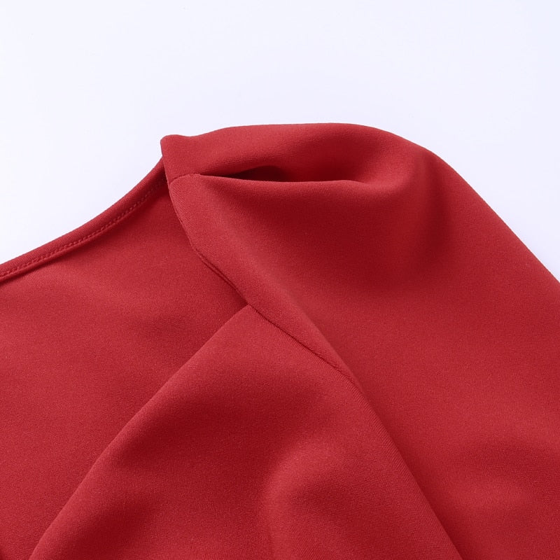 Slim V Neck Long Sleeve Mid Calf Pencil Dress 2022 Casual Office Lady Solid Red Puff Sleeve - MERGE.DAY.1.FREESTYLE