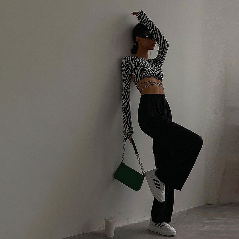 Leopard Zebra Printed Sexy Backless Lace ups Pullover Tees Women O-neck Slim Longsleeve Short T-Shirt - MERGE.DAY.1.FREESTYLE