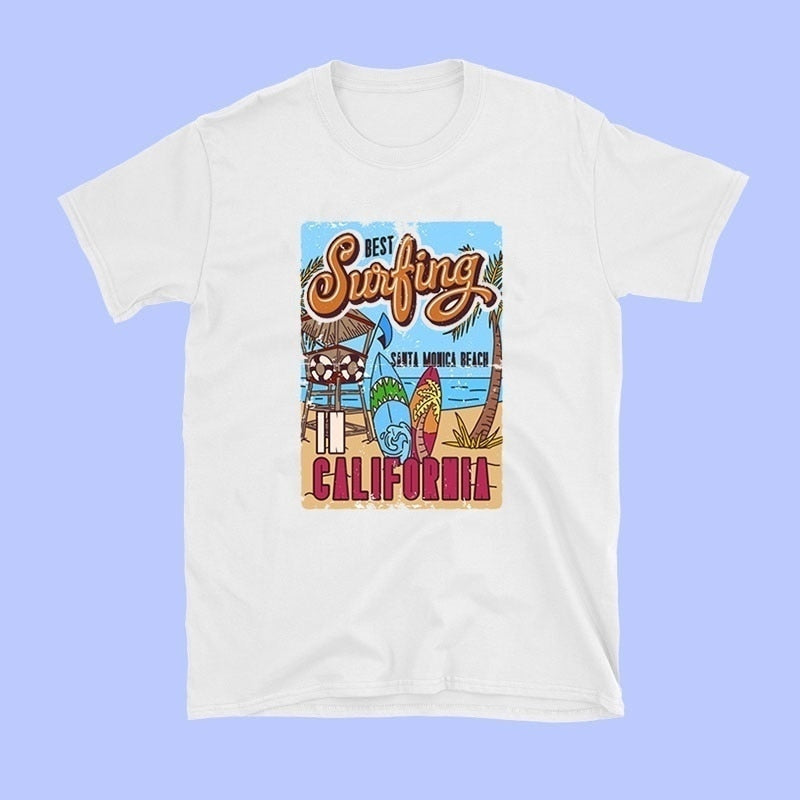1pcs WHITE Tees Summer Casual Oversized Tee Best Surfing Santa Monica California Womens Retro Style - MERGE.DAY.1.FREESTYLE