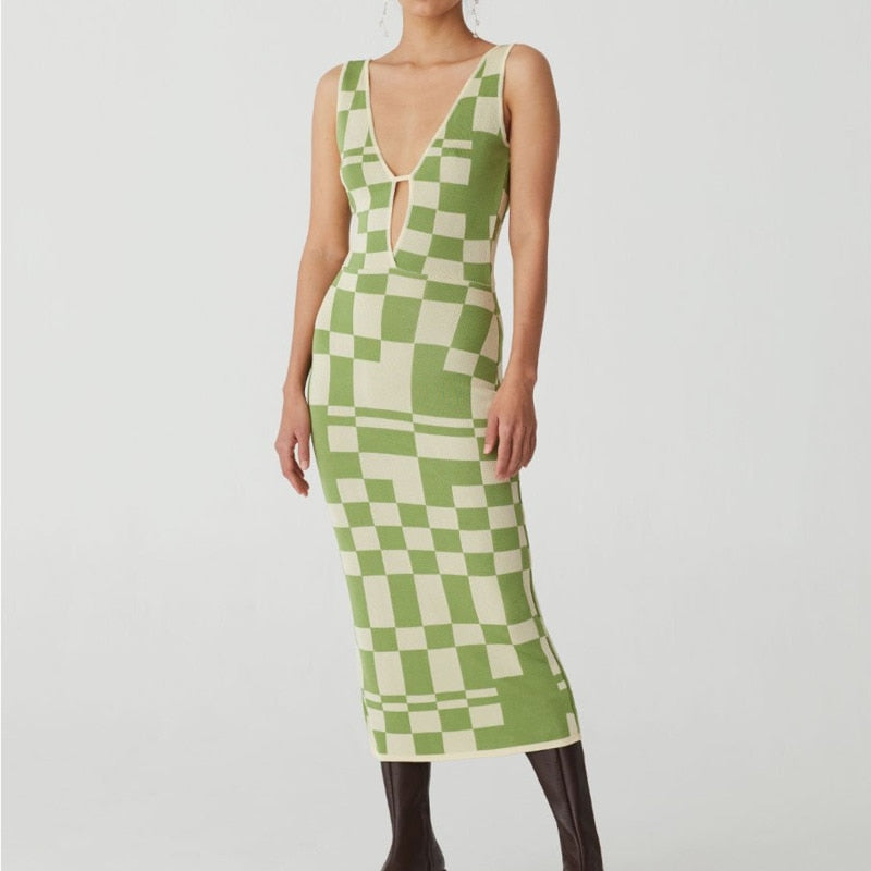 Knitted Sexy Bodycon Summer Women Dresses Backless Plaid Print Spaghetti Strap Hollow Out Vestidos - MERGE.DAY.1.FREESTYLE