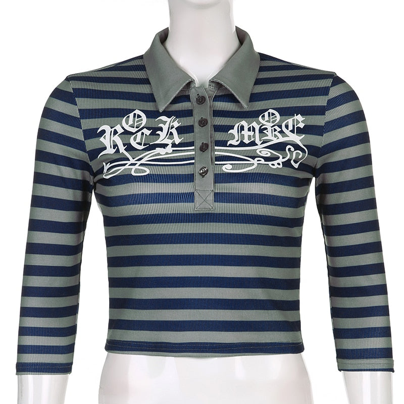 Goth Print Tops Stripe Cute T-Shirts Dark Academia Techwear Button Up V Neck Half Sleeve Sweat Shirts - MERGE.DAY.1.FREESTYLE