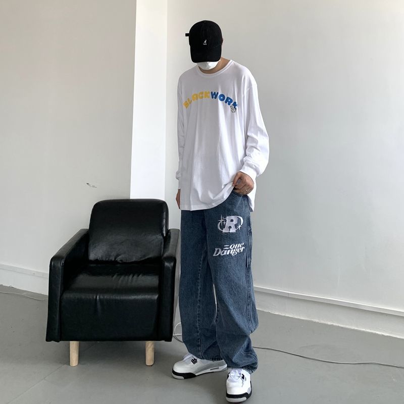 retro hip-hop letter embroidery jeans loose straight-leg pants wide-leg pants for men and women couples - MERGE.DAY.1.FREESTYLE