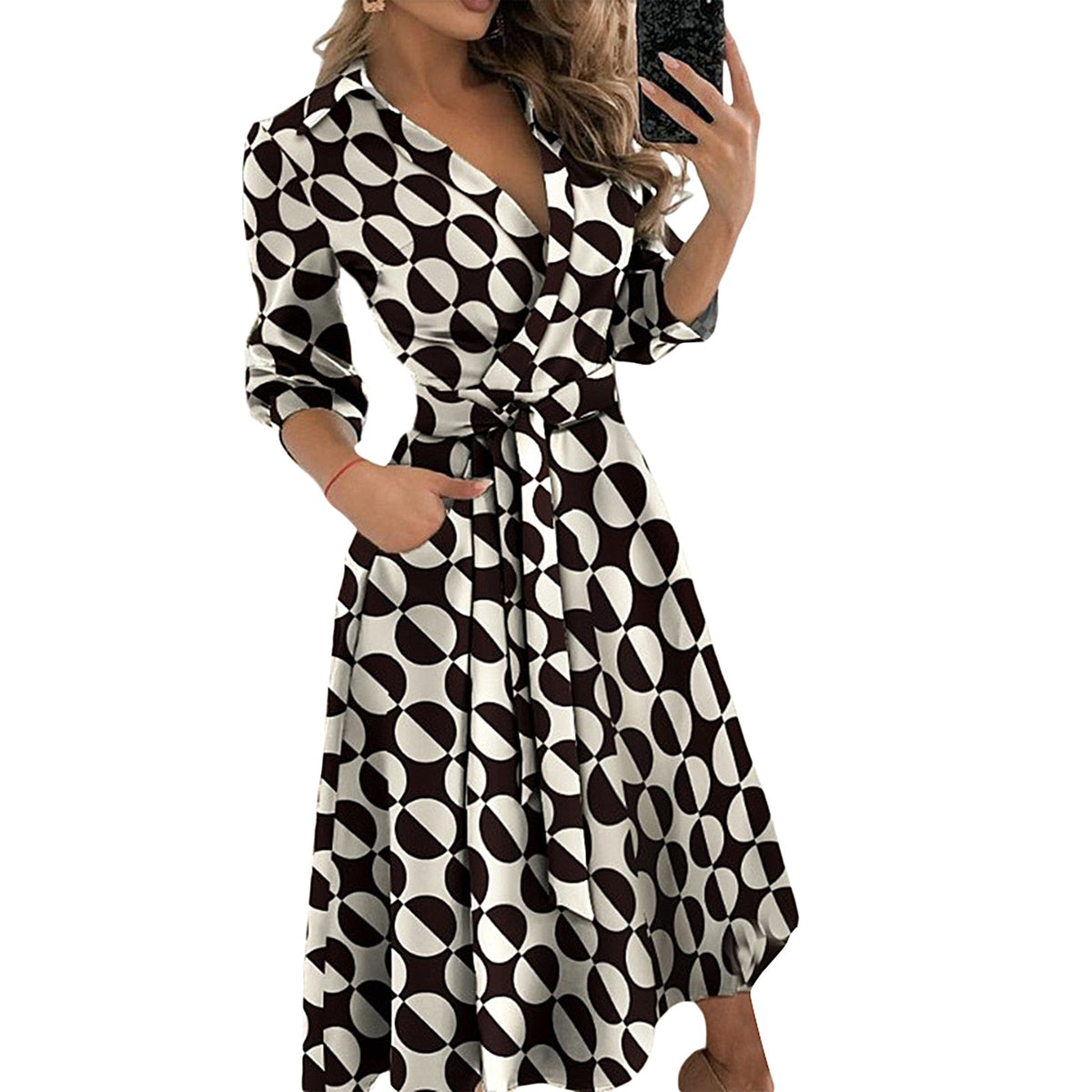 Spring Summer Lady Cover Up Women's Shirt Dress Wave Print Long Sleeve V-Neck Casual Dress Plus Size - MERGE.DAY.1.FREESTYLE