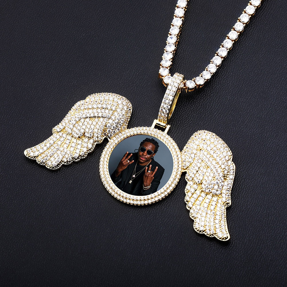 Angel Wings Custom Photo Medallion Necklace Iced Out Cubic Zirconia Pendant Hip Hop Jewelry - MERGE.DAY.1.FREESTYLE