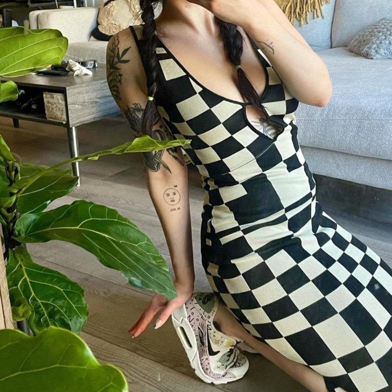 Knitted Sexy Bodycon Summer Women Dresses Backless Plaid Print Spaghetti Strap Hollow Out Vestidos - MERGE.DAY.1.FREESTYLE