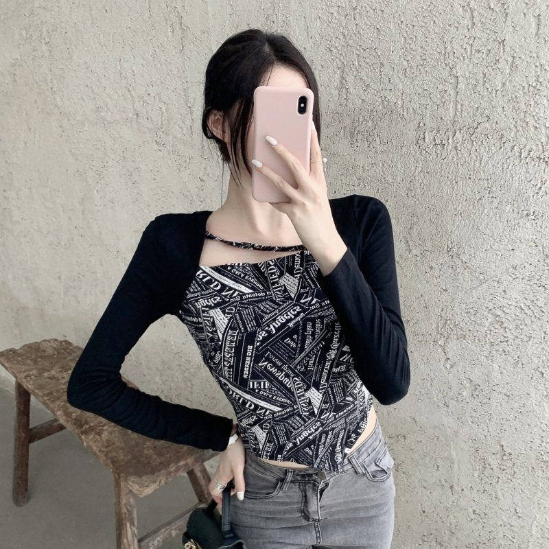 Letter Printed T-shirt Women Fake Two-piece Sexy Slim Long Sleeved Tops Female Cropped Tops - MERGE.DAY.1.FREESTYLE
