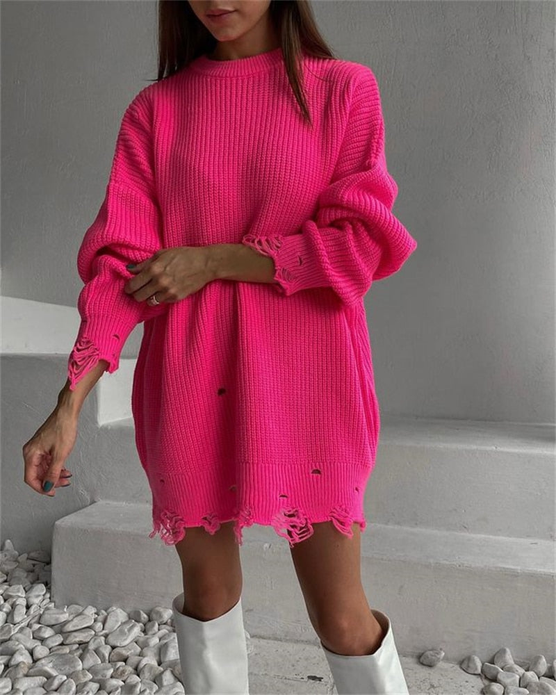 O Neck Oversized Mini Knitted Women Sweater Loose Dresses Autumn Winter Long Sleeve - MERGE.DAY.1.FREESTYLE