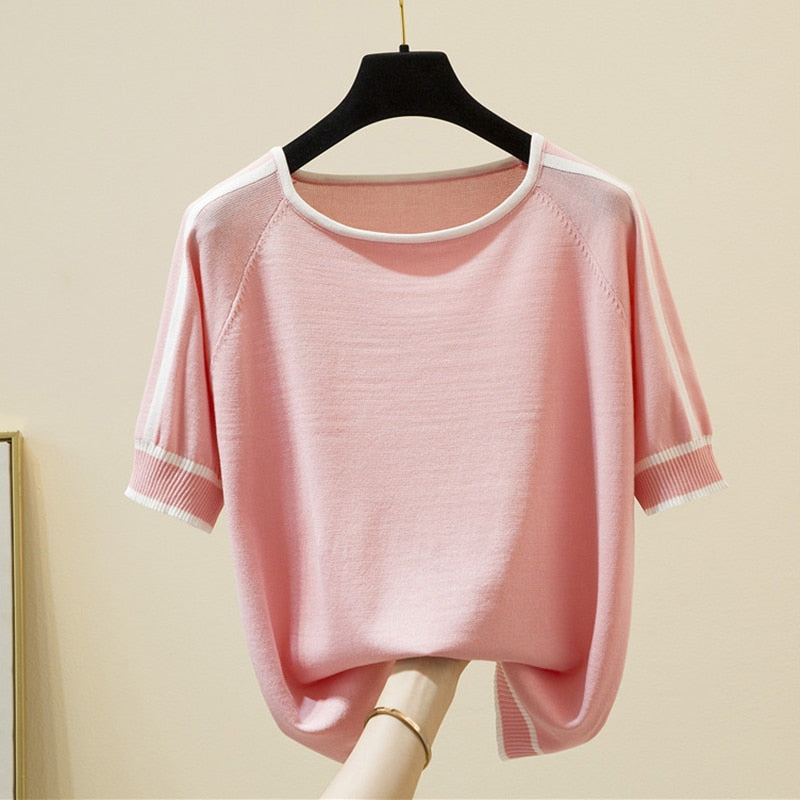 Thin Knitted T Shirt Women Short Sleeve Summer Tops Woman Clothes Striped Fashion T-Shirt - MERGE.DAY.1.FREESTYLE