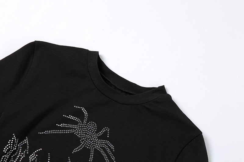 Punk Vintage Rhinestone Spider Goth Graphic T Shirt Women Y2k Style Crop Top O-neck Tshirt - MERGE.DAY.1.FREESTYLE