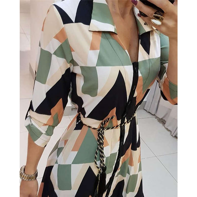 Spring Summer Lady Cover Up Women's Shirt Dress Wave Print Long Sleeve V-Neck Casual Dress Plus Size - MERGE.DAY.1.FREESTYLE