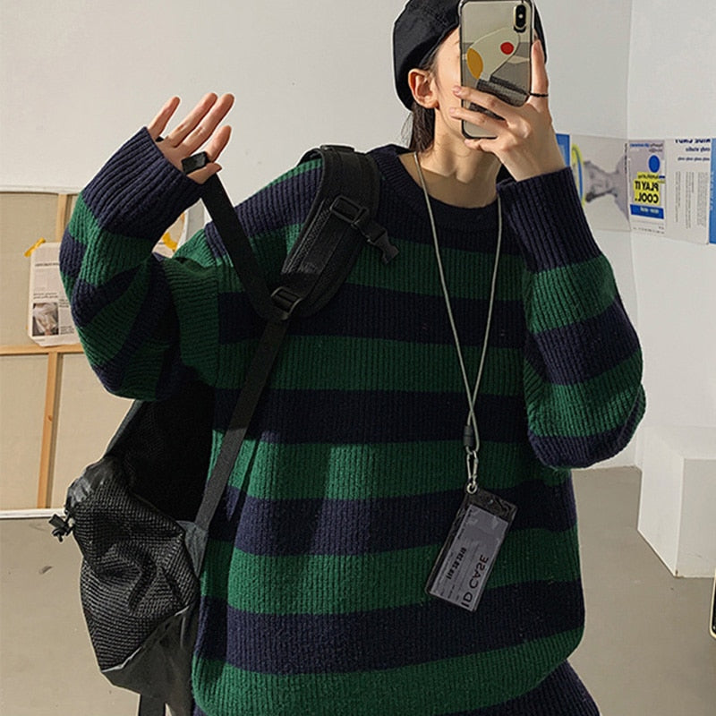 Autumn Winter Knitted Striped Sweater Casual Oversized Pullovers Sweaters - MERGE.DAY.1.FREESTYLE