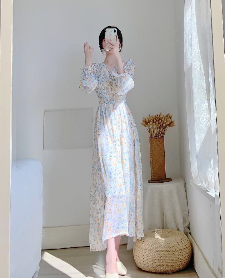 V-neck Chiffon Floral Dress Women Spring Summer Fairy Long Dresses Female - MERGE.DAY.1.FREESTYLE