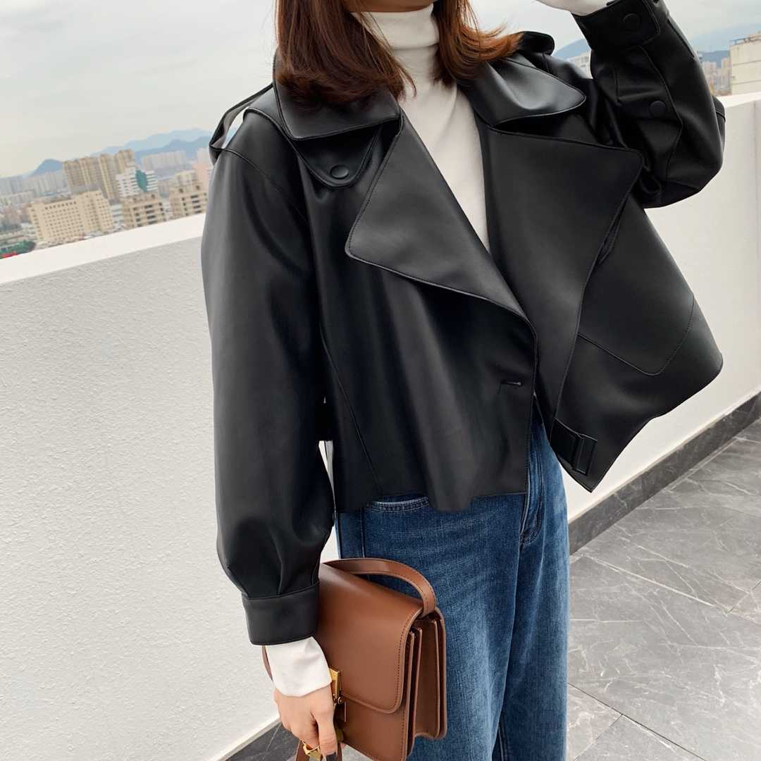 Women Pu Motorcycle Biker Faux Leather Jacket Turndown Collar Loose Punk Outerwear - MERGE.DAY.1.FREESTYLE
