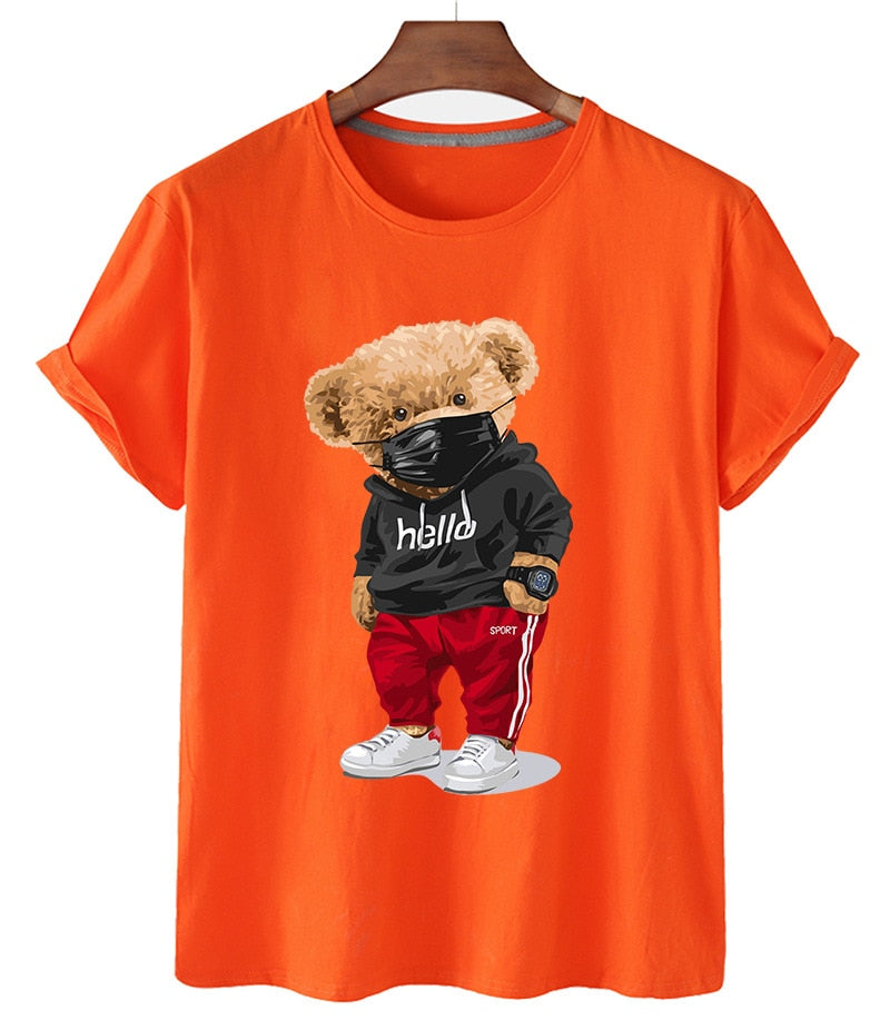 100% Cotton Sports Mask Bear Print Short-sleeved T-shirt Female Half-sleeved Casual Oversized T-shirt - MERGE.DAY.1.FREESTYLE