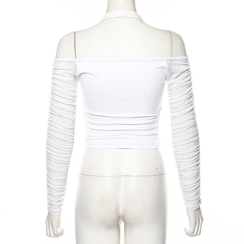 Mesh Shirt Women Tshirt Top Autumn Halter V-neck Off the Shoulder T-shirts Streetwear Top - MERGE.DAY.1.FREESTYLE
