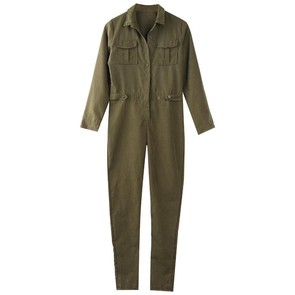 Vintage Romper Long Pants Women Slim Bodycon Long Sleeve Army Green Solid Jumpsuit - MERGE.DAY.1.FREESTYLE