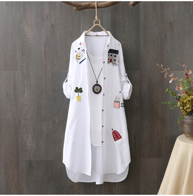 100% Cotton Women White Floral Embroidery Blouse Long Sleeve Turn Down Collar Shirt - MERGE.DAY.1.FREESTYLE