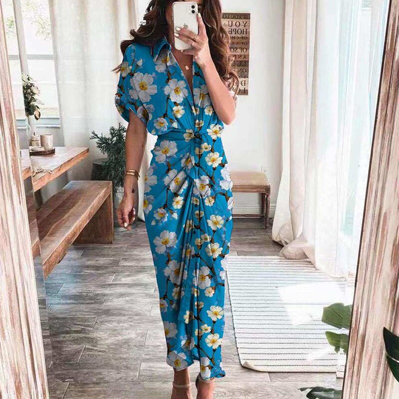 Women Summer Short Sleeve Slit Long Dress Turn-down Collar Elegant Button Draped Party Dresses - MERGE.DAY.1.FREESTYLE