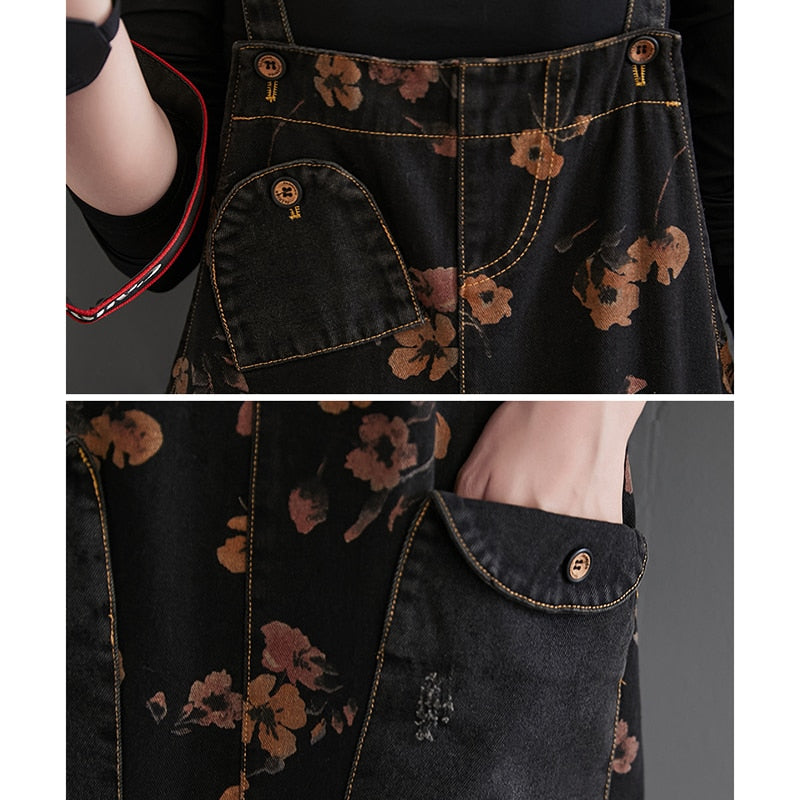 Loose Jeans Black Jumpsuit Casual Ladies Big Pockets Print Floral Denim Overalls Straps Rompers - MERGE.DAY.1.FREESTYLE