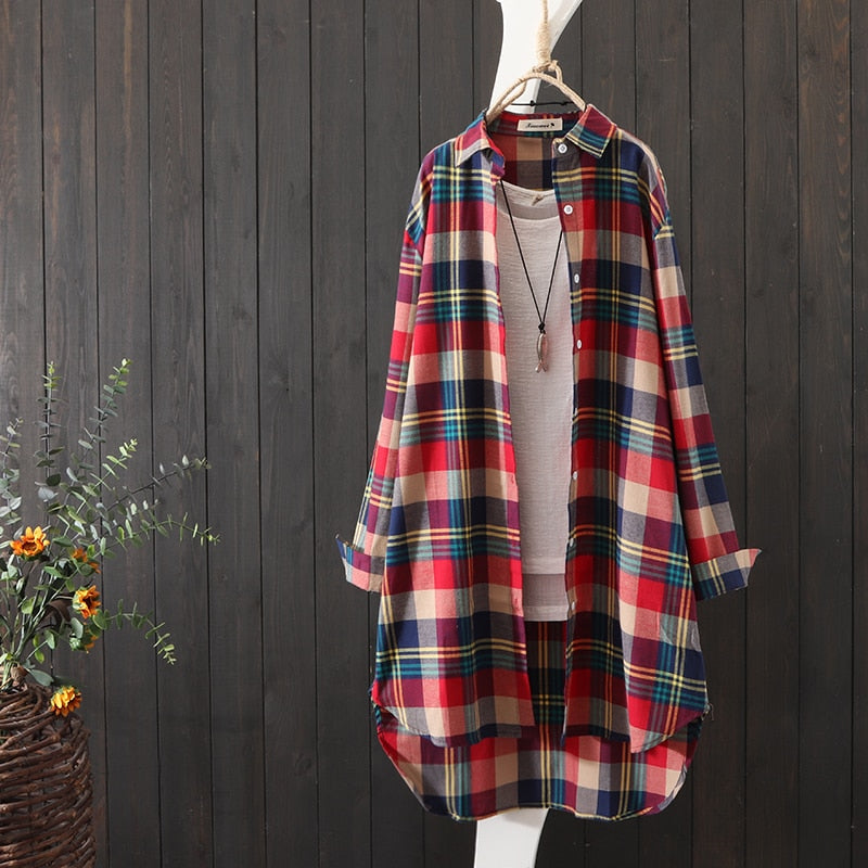 100% Cotton Plaid Shirt Long Sleeve Button Up Casua Loose Blouse Plus Size - MERGE.DAY.1.FREESTYLE