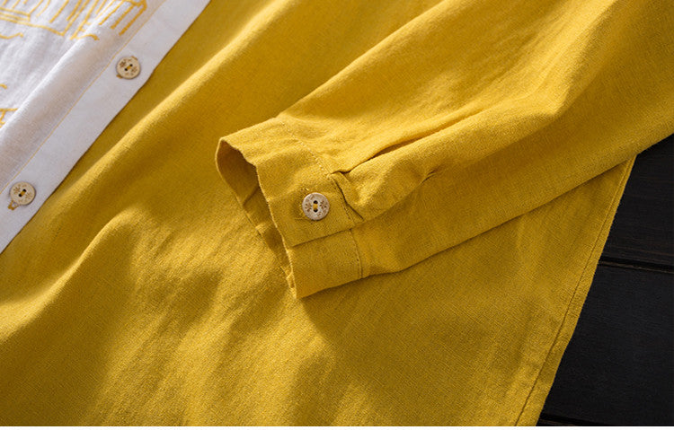 Women Cotton Linen Embroidery Blouse Long Sleeve Patchwork Color Top - MERGE.DAY.1.FREESTYLE