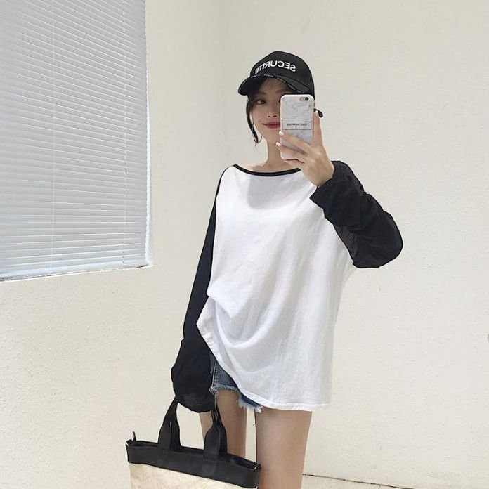 Female T-shirt Round collar Contrast Color Long Sleeve T Shirt Women spring T-Shirts - MERGE.DAY.1.FREESTYLE