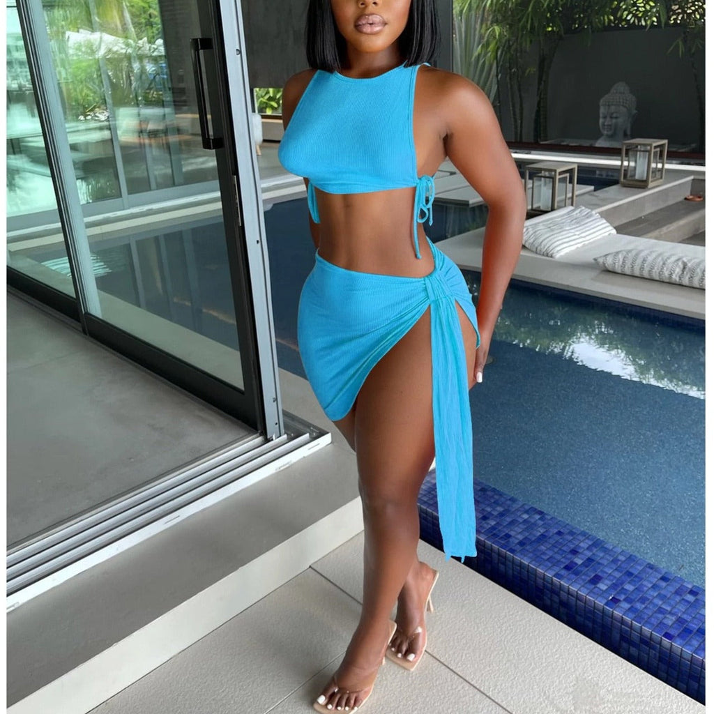 Knitted Ribbed Two Piece Set Bandage Crop Top Bodycon Mini Skirts Beachwear Outfits Summer - MERGE.DAY.1.FREESTYLE