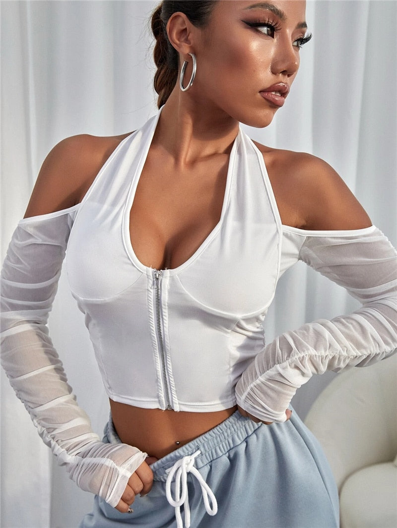 Sexy V-neck Mesh T-shirt Tops Cropped Summer Women See Through Off Shoulder Long Sleeve - MERGE.DAY.1.FREESTYLE