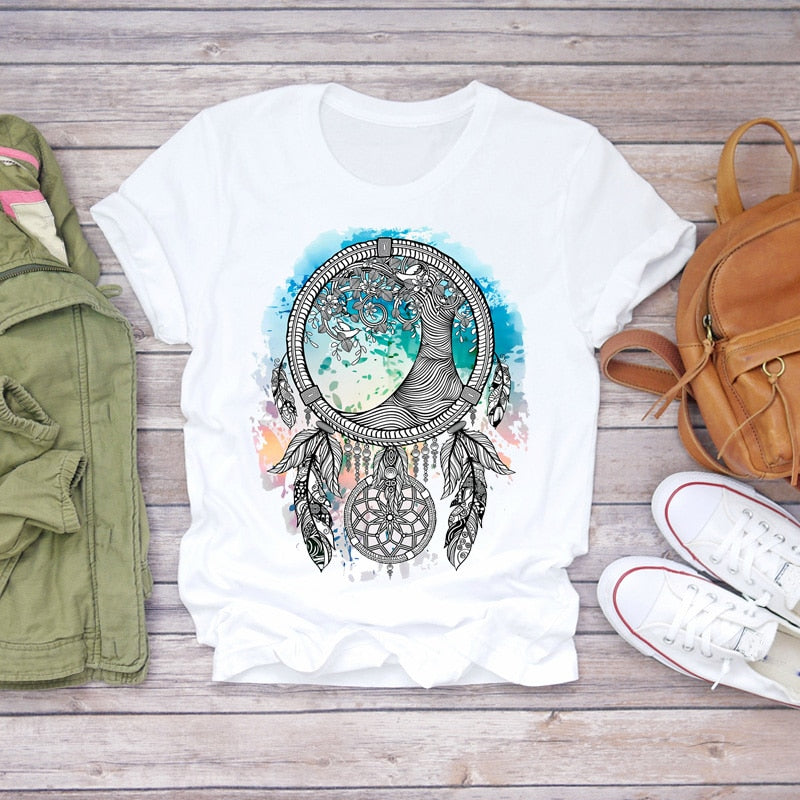 Dream Feather Print Summer Short Sleeve T-Shirts Top Graphic Plue Size - MERGE.DAY.1.FREESTYLE