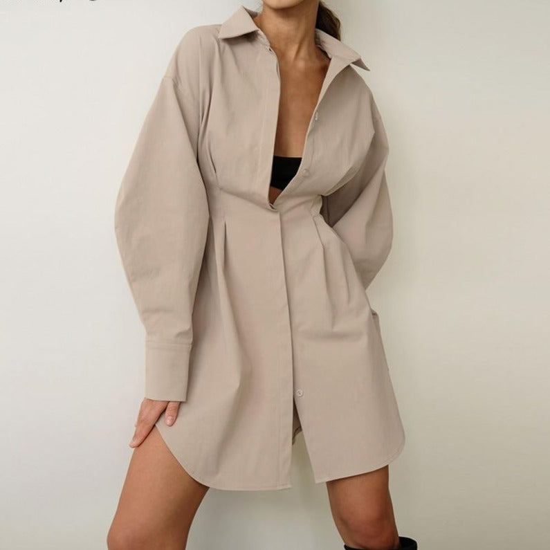 Autumn Winter Bodycon Dress Women Long Sleeve Khaki Pleated Shirt Midi Dresss - MERGE.DAY.1.FREESTYLE