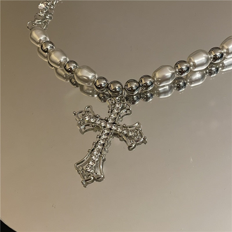 Bling Cross Pendant Necklaces for Women Girl Gift Wedding Neck Jewelry Goth Pearl Necklace - MERGE.DAY.1.FREESTYLE